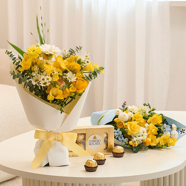 프리지아 시즌 꽃다발+페레로로쉐 8구