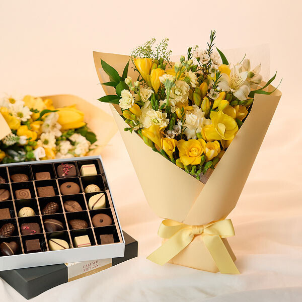 화이트데이 프리지아 꽃다발+칼루위 초콜릿 25구