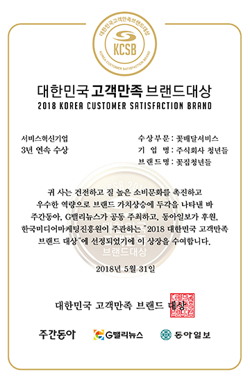 2018 브랜드 대상 인증서